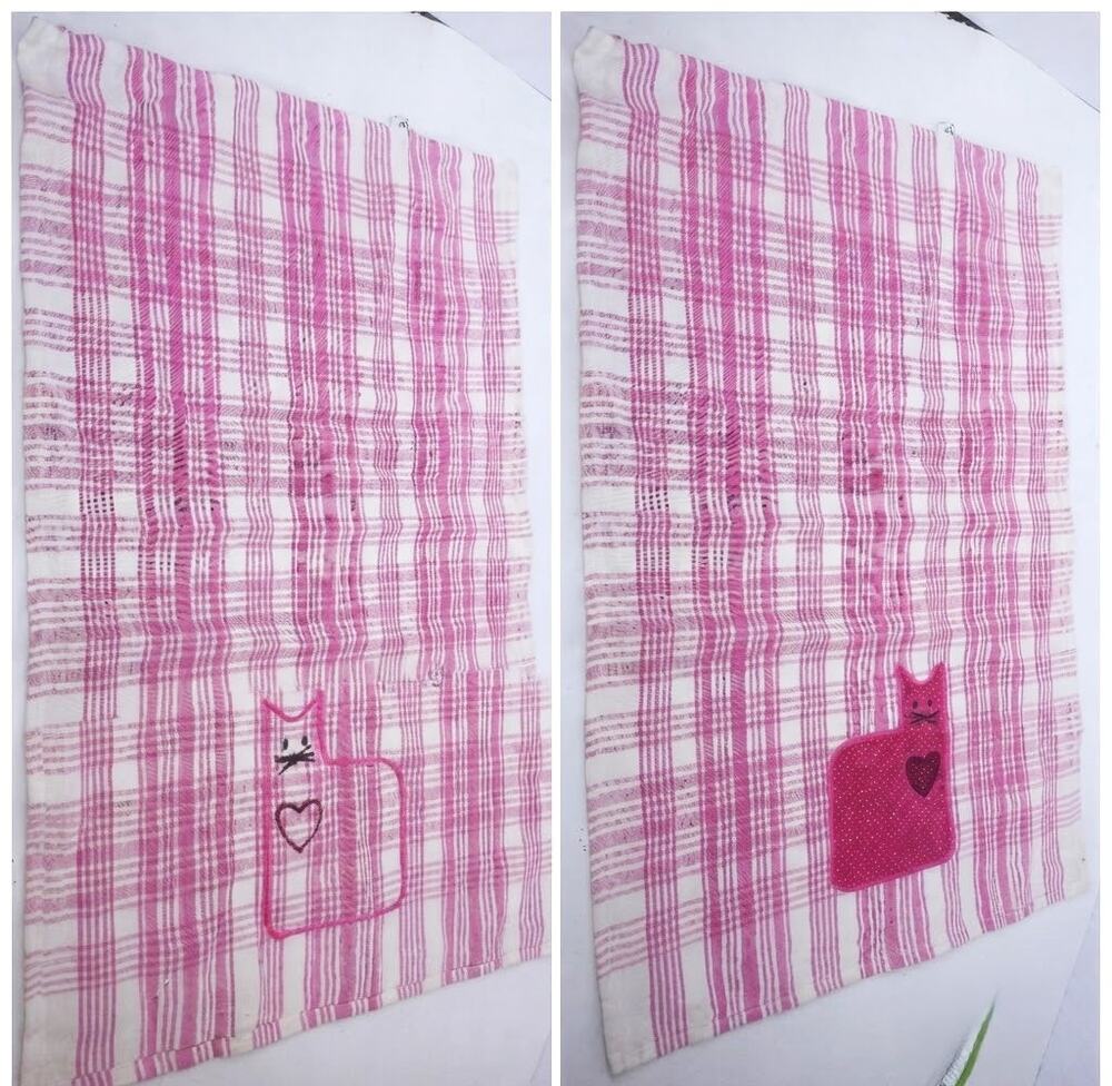 Vintage Pink Plaid Gingham Cat Reversible Tea Hand Towel Cottagecore Applique